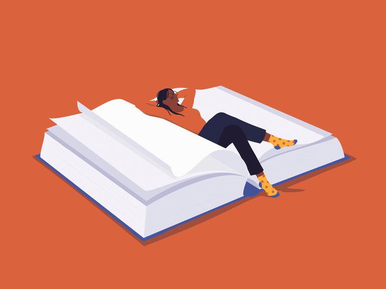 Illustration: Frau entspannt sichin einem Buch vor orangenem Hintergrund. 