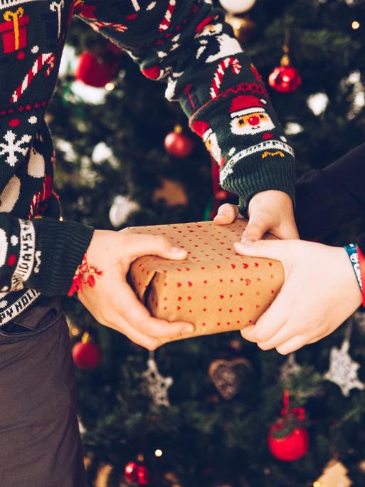 Zwei Personen mit weihnachtlichen Pullis ziehen vor einem Weihnachtsbaum an einem Geschenk.