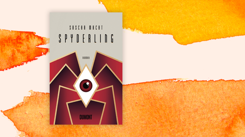 Auf dem Cover sind Autorenname und Buchtitel in schwarzer Schrift auf grauem Hintergrund zu sehen. Darunter ist ein gemaltes Auge in einem Viereck mit goldenem Rand, umringt von stilisierten bordeauxroten Brettern mit Goldrand. Dahinter orangene Farbfelder.