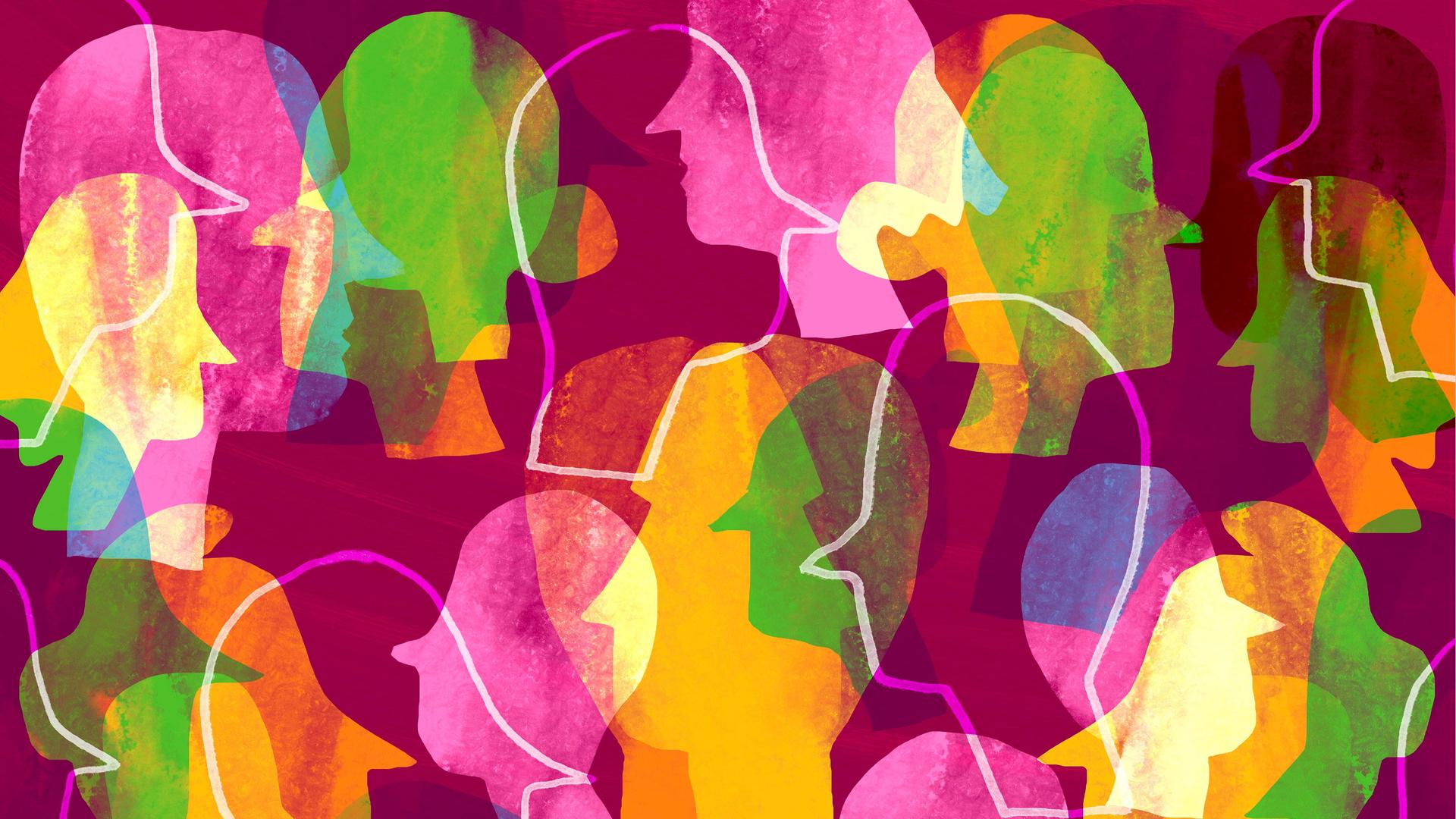 Illustration mehrere bunter Silhouetten von Köpfen. 