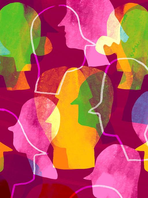 Illustration mehrere bunter Silhouetten von Köpfen. 