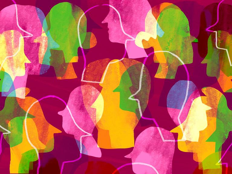Illustration mehrere bunter Silhouetten von Köpfen. 