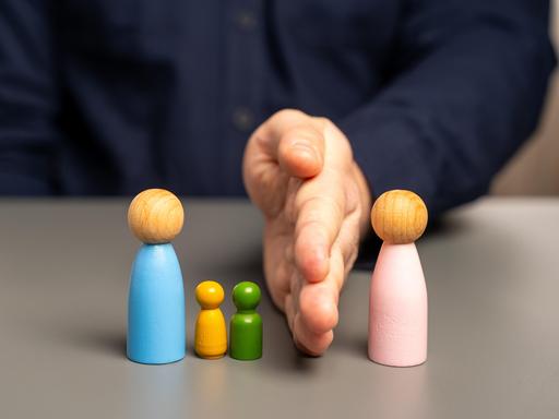 Eine Hand trennt eine blau angemalte Holzfigur zusammen mit zwei kleineren Holzfiguren von einer rosa Holzfigur.