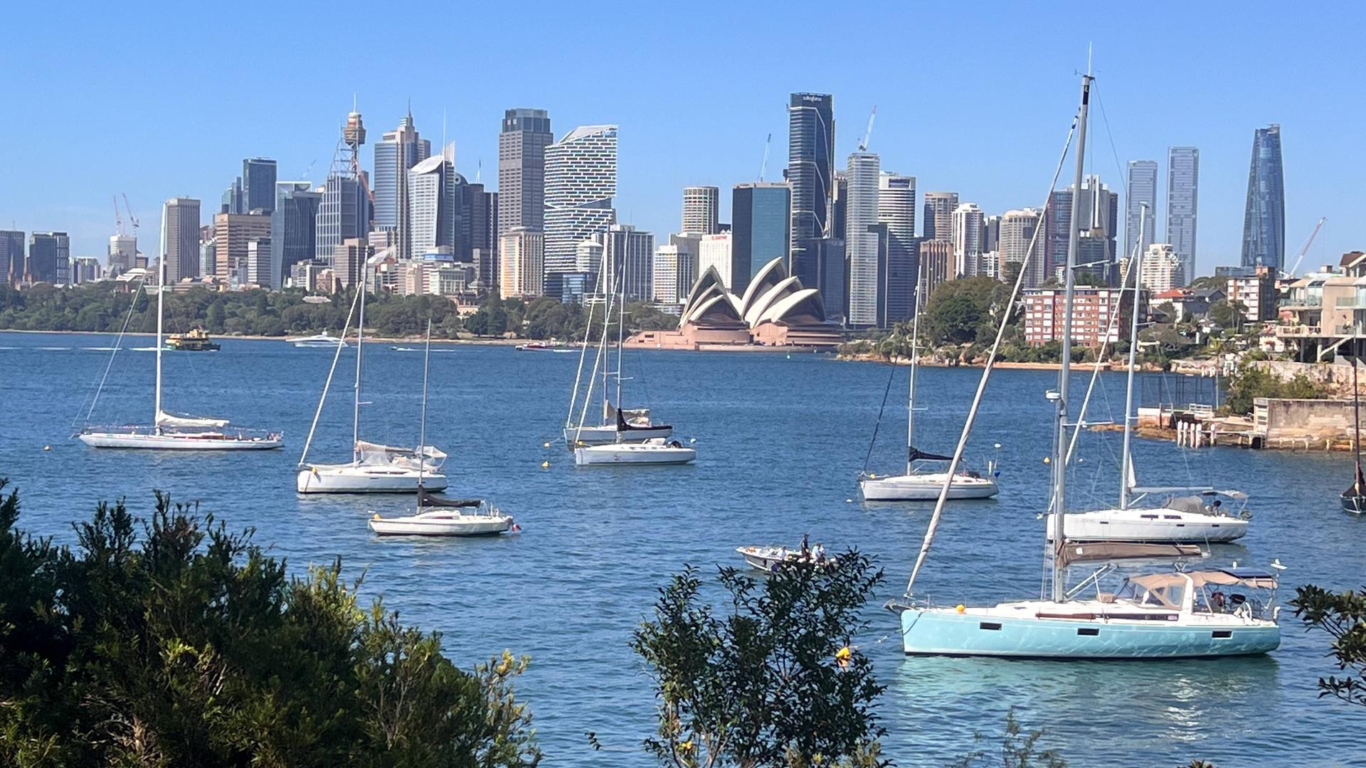 Panoramaansicht von Segelbooten und Yachten, die vor der Skyline der Innenstadt von Sydney vor Anker liegen Panoramaansicht von Segelbooten und Yachten, die vor der Skyline der Innenstadt von Sydney vor Anker liegen