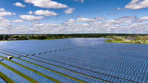 Solarmodule stehen in Reihen in einem Solarkraftwerk