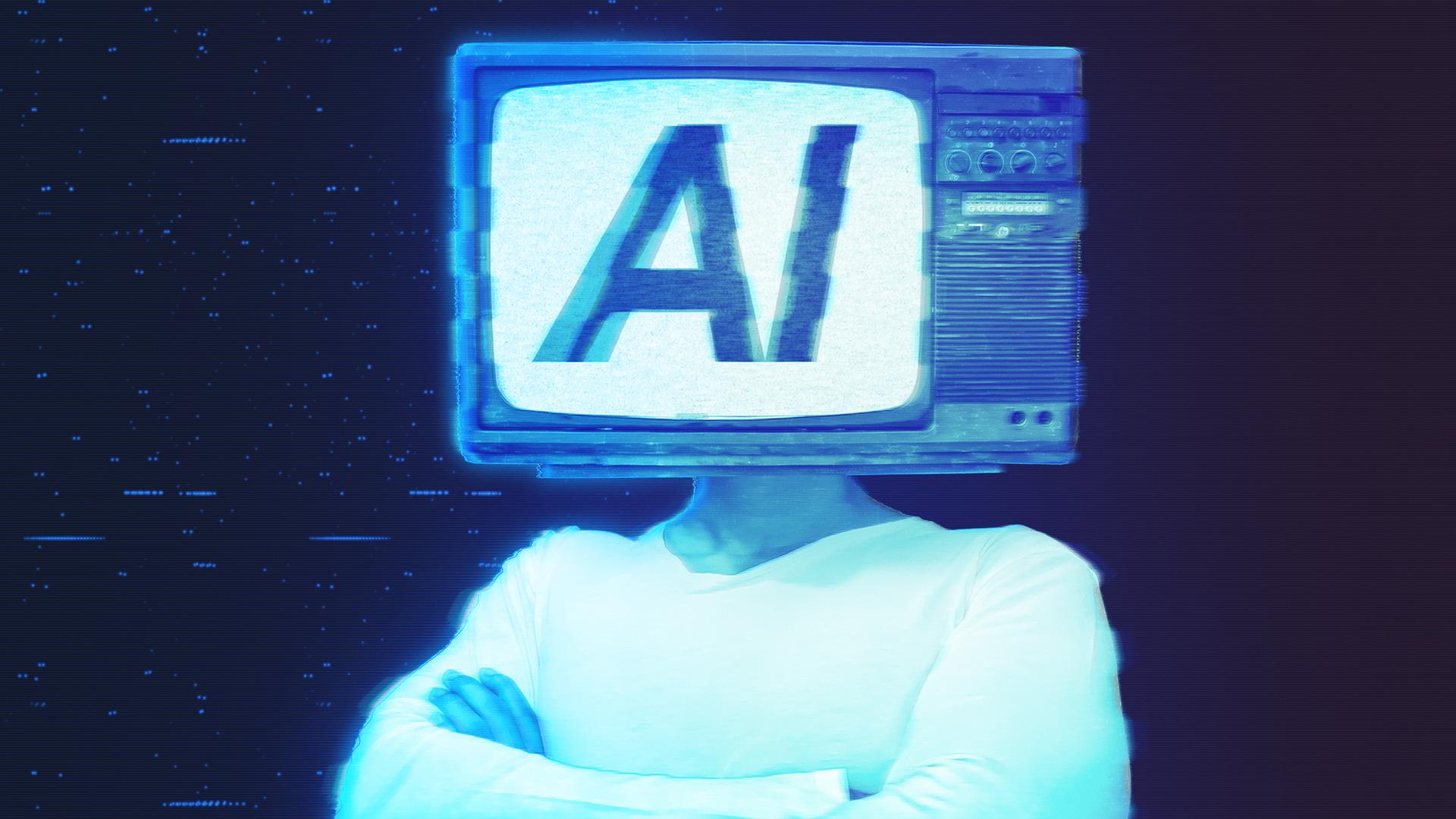 Ein Hologram eines menschlichen Körpers mit einem alten Fernseher als Kopf, in dem die Buchstaben KI auf dem Bildschirm angezeigt werden. Ein Hologram eines menschlichen Körpers mit einem alten Fernseher als Kopf, in dem die Buchstaben KI auf dem Bildschirm angezeigt werden.