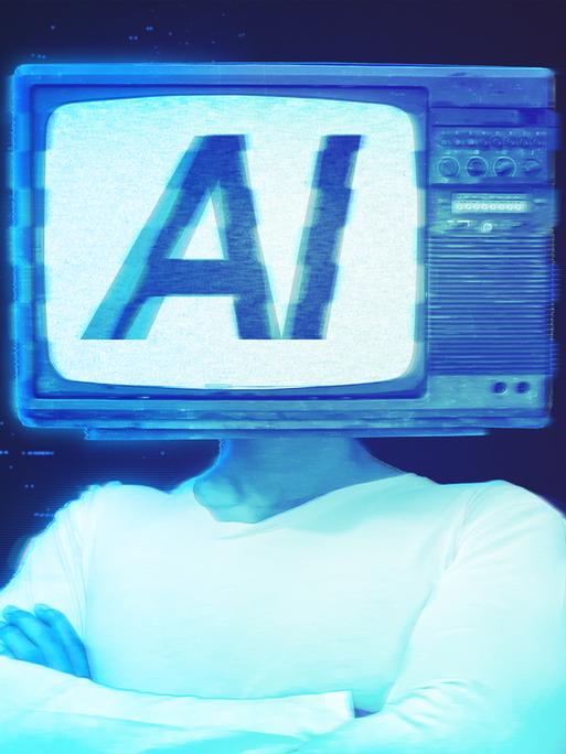 Ein Hologram eines menschlichen Körpers mit einem alten Fernseher als Kopf, in dem die Buchstaben KI auf dem Bildschirm angezeigt werden.