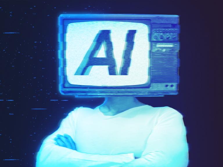 Ein Hologram eines menschlichen Körpers mit einem alten Fernseher als Kopf, in dem die Buchstaben KI auf dem Bildschirm angezeigt werden.