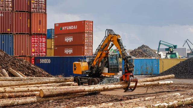 Ein Bagger greift zwei Holzstämme. Im Hintergrund sieht man mehrere Container.