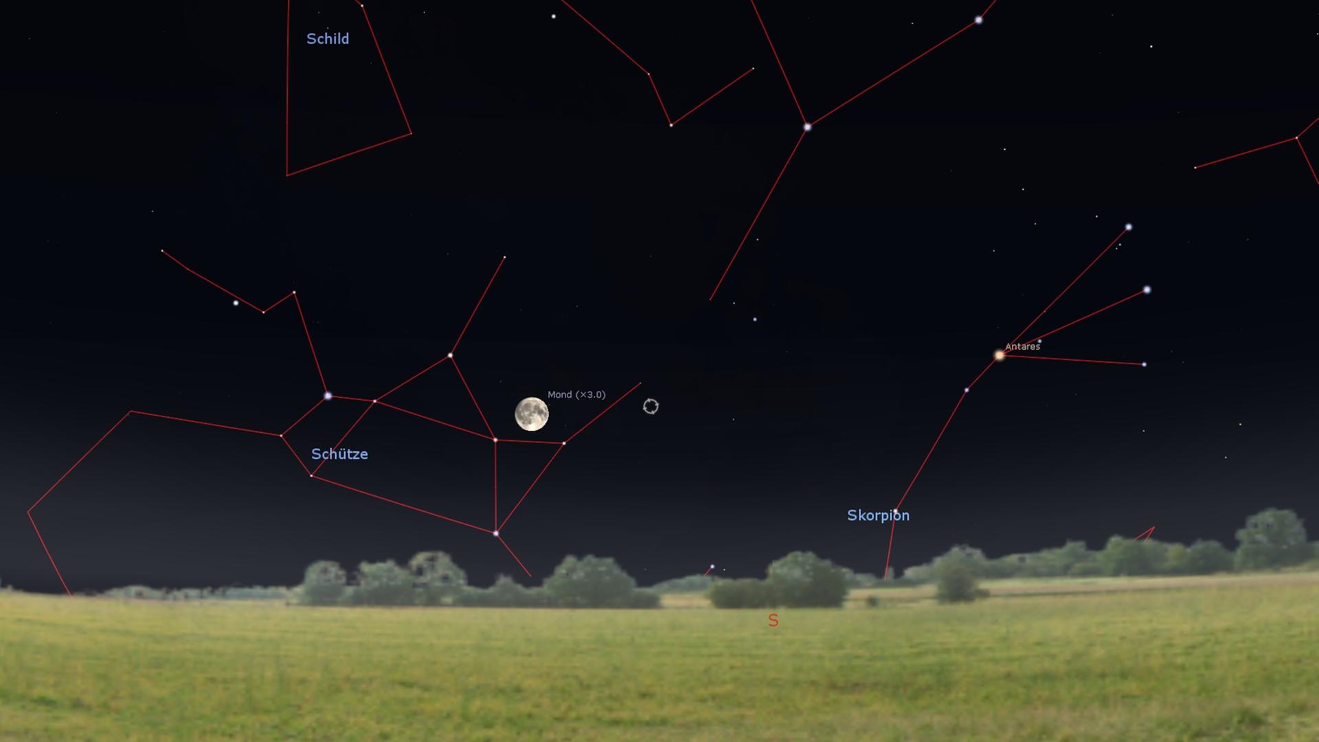 In der Nacht zum 02. Juli 2023 kriecht der Vollmond tief über den Südhimmel. Er steht im Sternbild Schütze – und nur eine Faustbreit bei ausgestrecktem Arm nur eine Faustbreit rechts von ihm befindet sich das Schwarze Loch im Zentrum der Milchstraße.