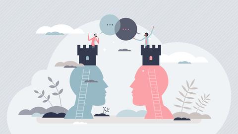 Illustration mit zwei Personen, die sich von Burgtürmen Dinge zurufen. Politische Polarisierung und gegensätzliche Meinungen widersprechen dem Konzept des winzigen Menschen.