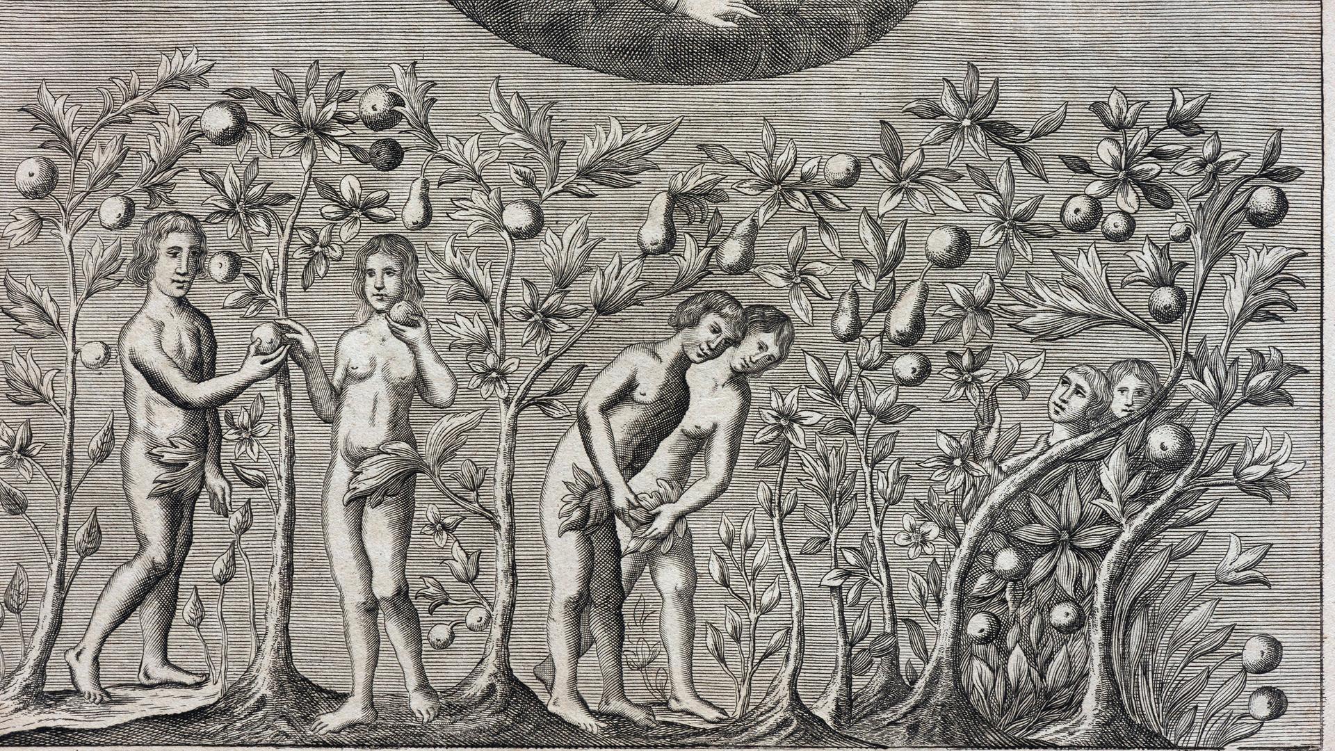 Schwarzweiß-Druck von Adam und Eva