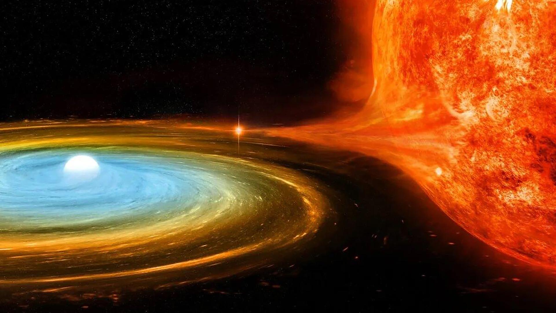 Auf einer Illustration ist eine aufflammende Nova in Rottönen und ein Planet, der das rote zu sich zieht, zu sehen.