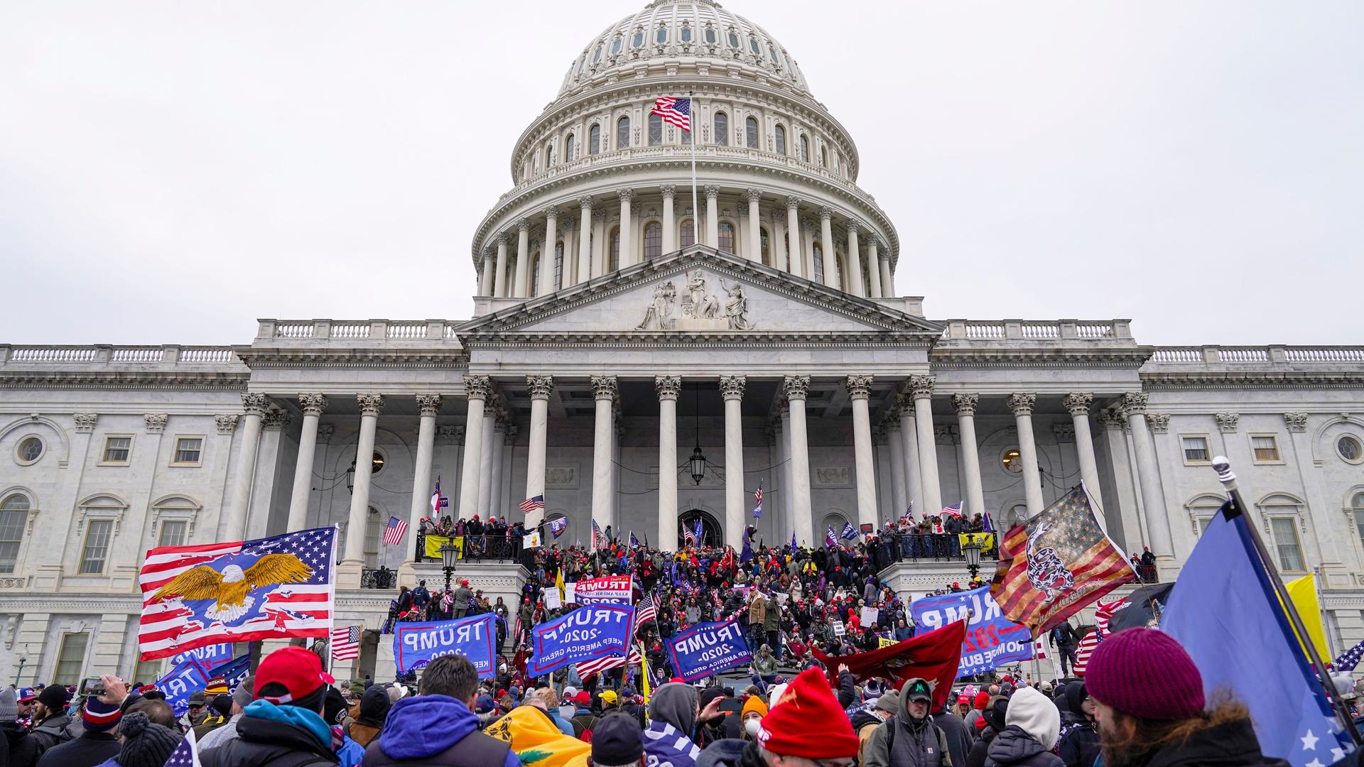 Eine große Gruppe von Trump Anhänger halten "Stop The Steal" Protestschilder bei der Erstürmung des Kapitols in Washington