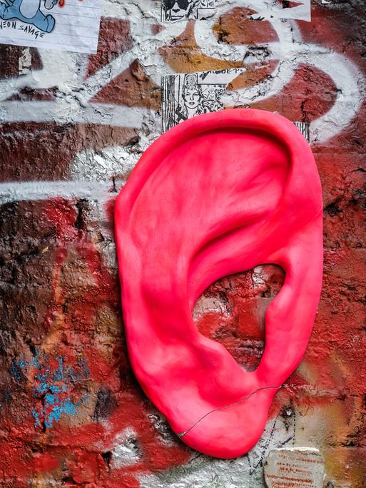 Ein pinkes, großes Relief eines Ohr hängt an einer Wand.