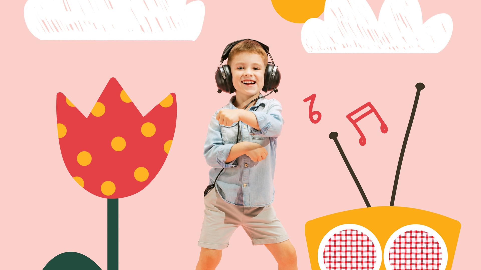 Ein Junge tanzt zwischen einer Tulpe und einem Radio.
