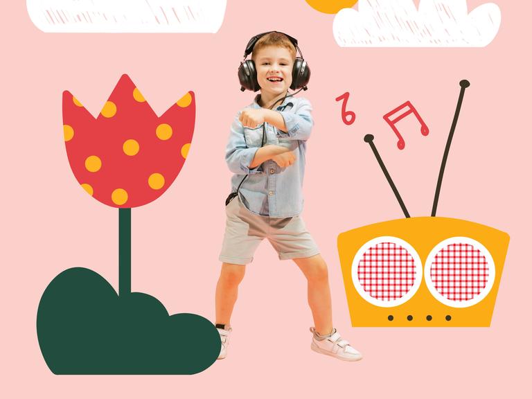Ein Junge tanzt zwischen einer Tulpe und einem Radio.