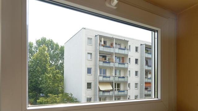 Ausblick aus einem geschlossenen Fenster auf eine DDR Plattenbau Fassade mit Balkonen und Grünanlagen in Cottbus