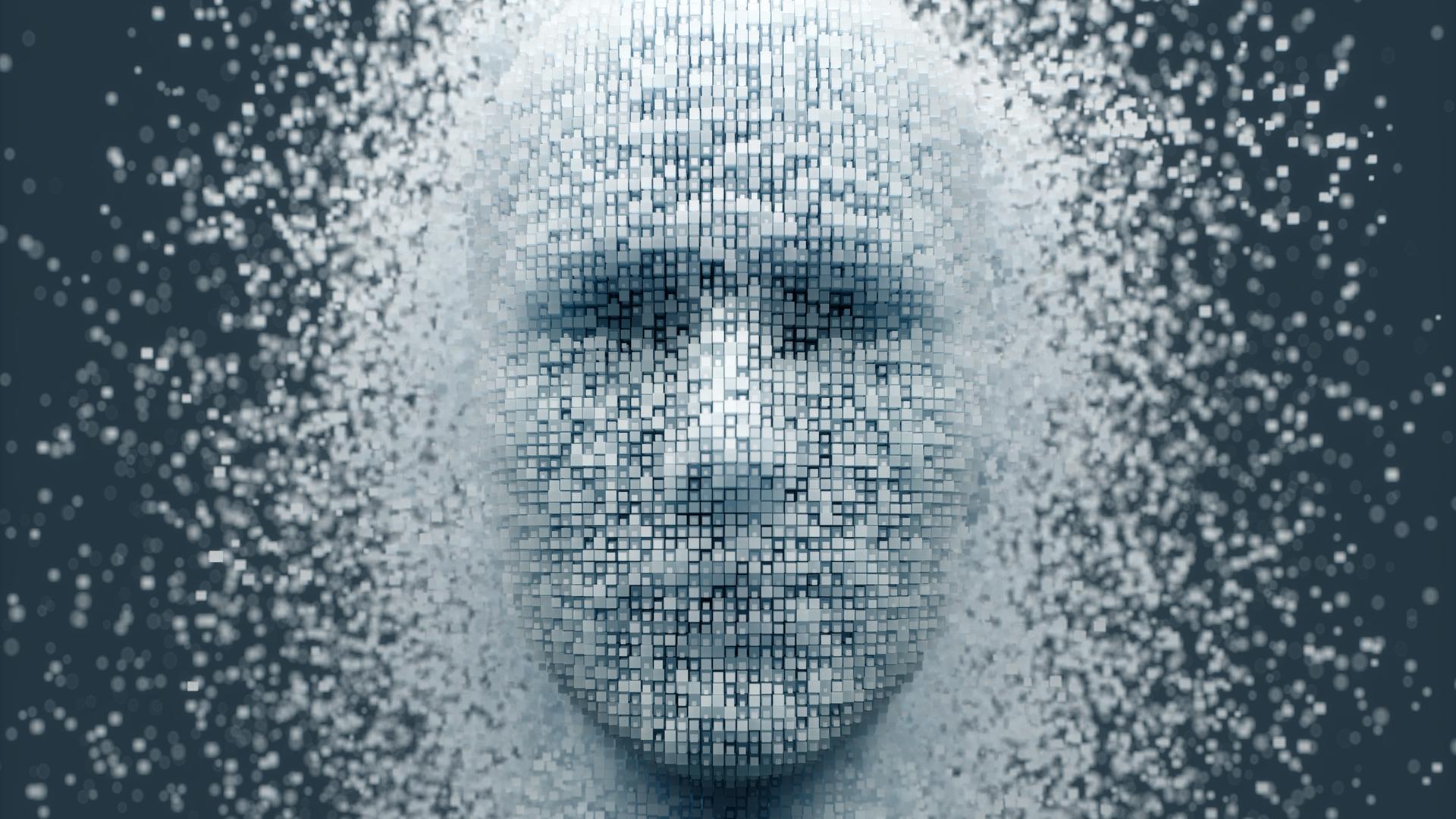 3D-auflösender menschlicher Kopf aus würfelförmigen Partikeln