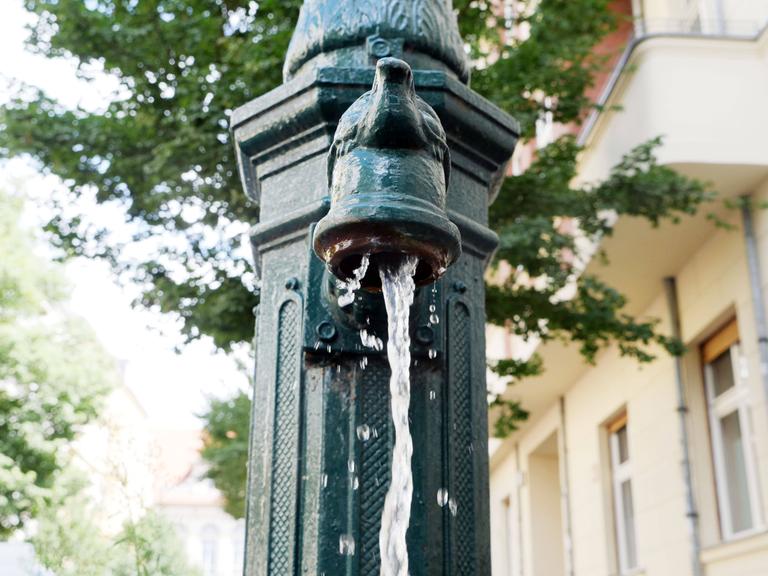 27.09.2021, Berlin - Deutschland. Pumpe am Straßenrand gibt Wasser für trockene Bäume.