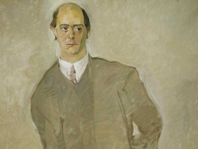 Wir sehen ein Ölgemälde, auf dem der Komponist Arnold Schönberg von dem Maler Max Oppenheimer gemalt wurde. 