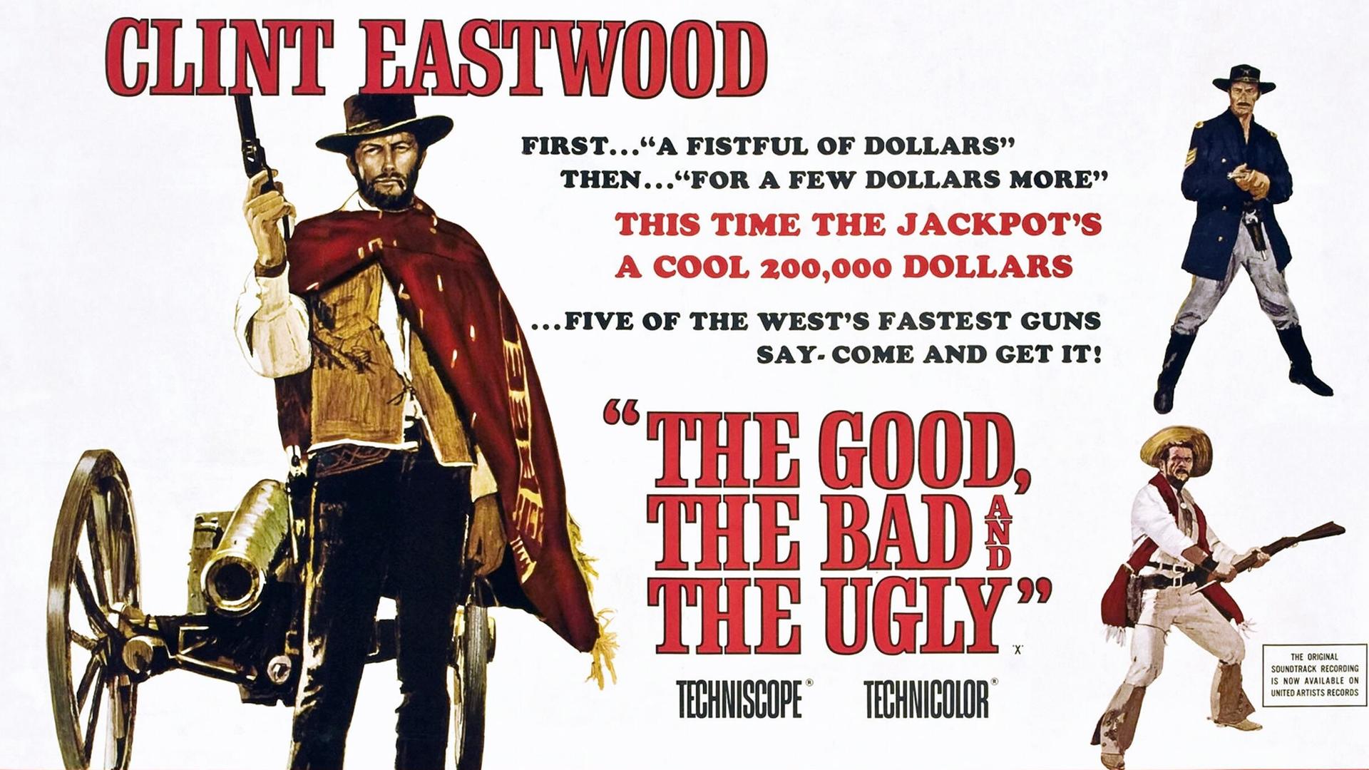 „Zwei glorreiche Halunken“ (auch bekannt als „Il Buono, il Brutto, il Cattivo“), Clint Eastwood (links), rechts von oben nach unten: Lee Van Cleef, Eli Wallach, 1966 „Zwei glorreiche Halunken“ (auch bekannt als „Il Buono, il Brutto, il Cattivo“), Clint Eastwood (links), rechts von oben nach unten: Lee Van Cleef, Eli Wallach, 1966