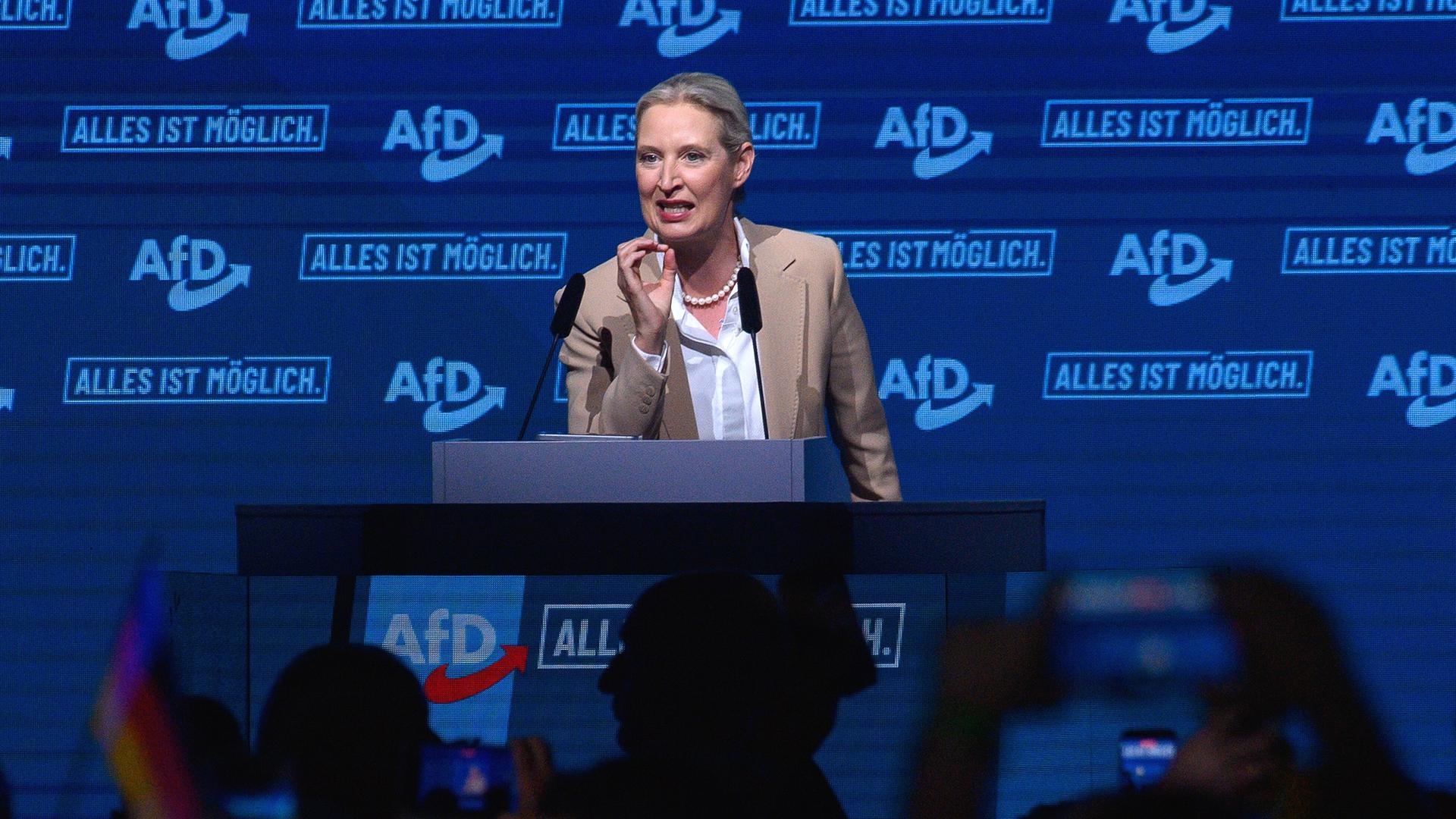 Alice Weidel steht in beigem Sakko am Rednerpult. Im Hintergrund eine blaue Wand mit dem Logo der AfD und dem Slogan "Alles ist möglich."