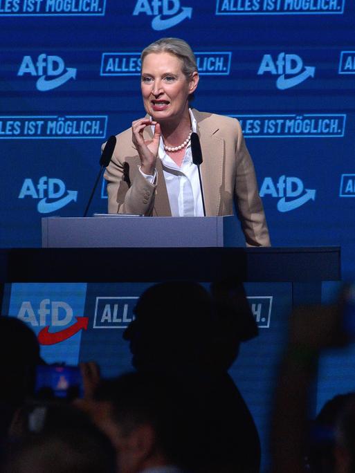 Alice Weidel steht in beigem Sakko am Rednerpult. Im Hintergrund eine blaue Wand mit dem Logo der AfD und dem Slogan "Alles ist möglich."