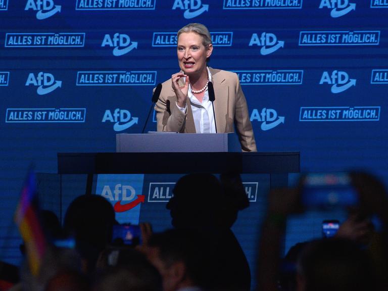 Alice Weidel steht in beigem Sakko am Rednerpult. Im Hintergrund eine blaue Wand mit dem Logo der AfD und dem Slogan "Alles ist möglich."