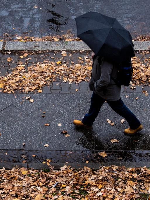 Ein Mensch läuft mit dunklem Regenschirm durch den Regen.