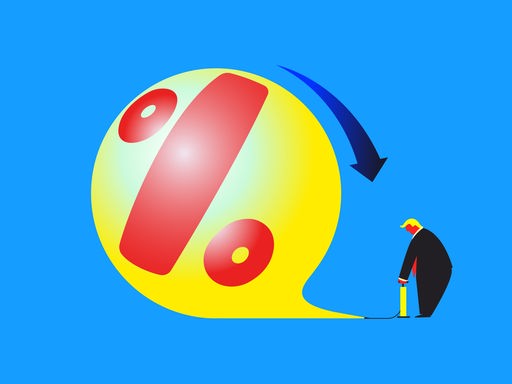 Illustration von Trump, der mit einer Fußpumpe einen Ballon aufbläst, in dem ein Prozentzeichen zu lesen ist.