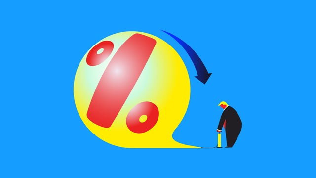 Illustration von Trump, der mit einer Fußpumpe einen Ballon aufbläst, in dem ein Prozentzeichen zu lesen ist.
