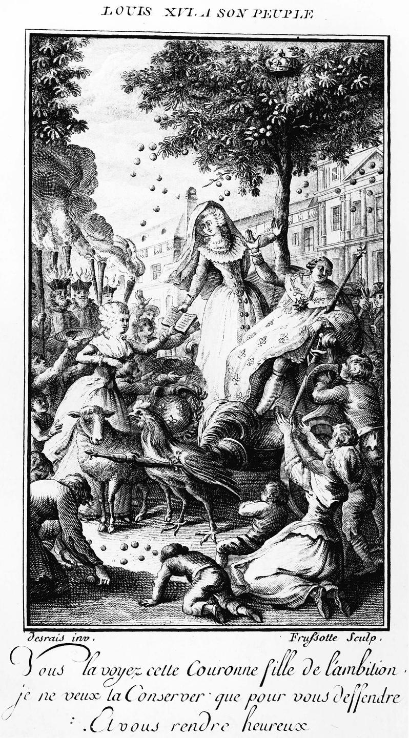 Undatierte Gravur: Die Frauenrechtlerin Olympe de Gouges überreicht auf einem Platz, der voll mit Menschen ist, Marie-Antoinette ihre „Erklärung der Rechte der Frau und Bürgerin“. 