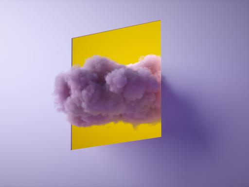 Digital generiertes Bild einer rosa Wolke, die durch eine Aussparung in einer Wand schwebt.