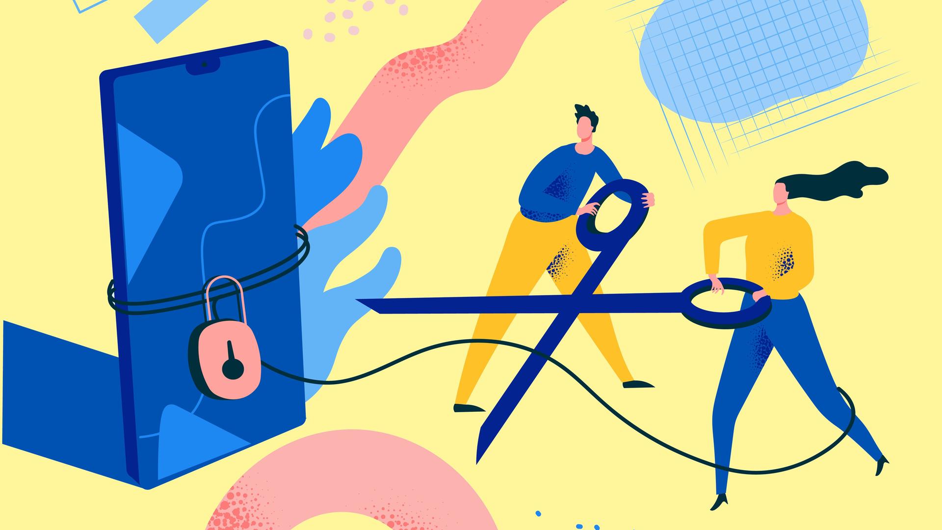 Grafix für Digital Detox. Zu sehen ist die illustrative Darstellung einer Frau und eines Mannes mit einer überdimensionalen Schere. Daneben ein ebenso großes Mobiltelefon, das mit einem Schloss versehen ist. 