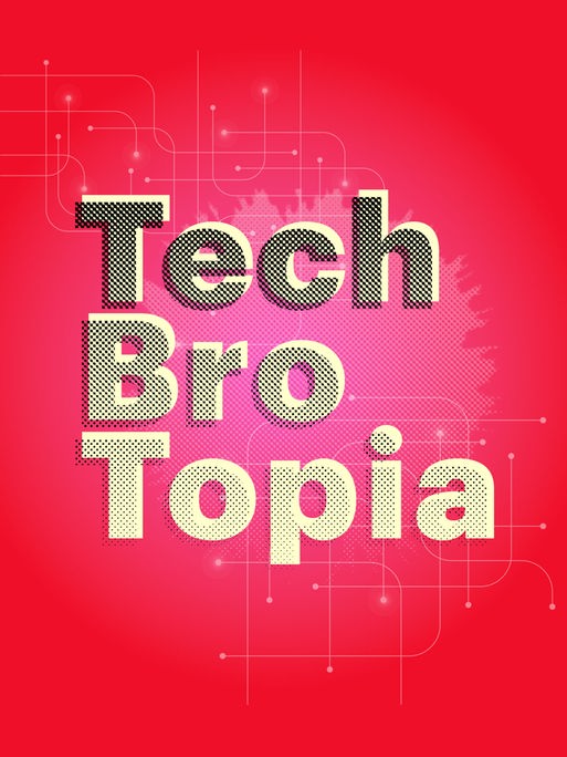 Auf rotem Grund steht das gelbe Wort "Tech Bro Topia", was von einem Raster überzogen ist. 