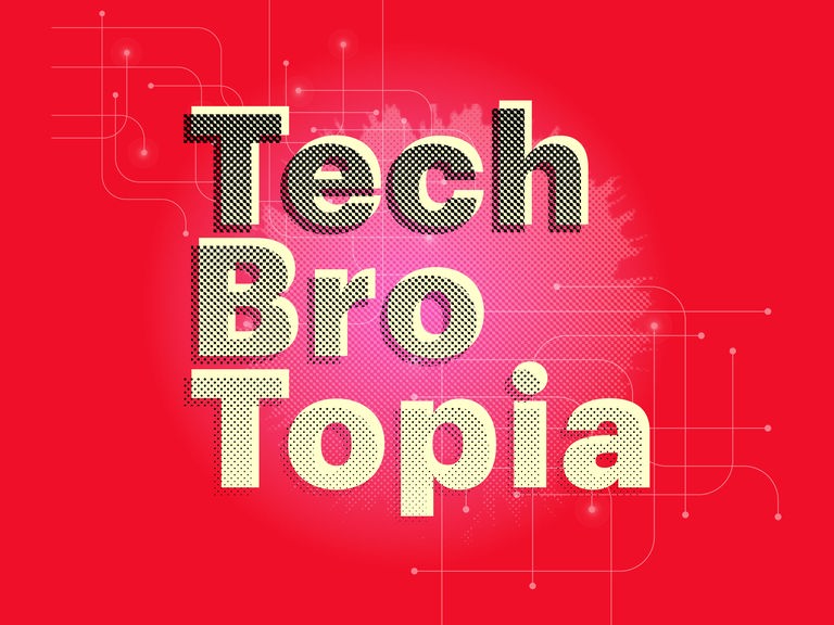 Auf rotem Grund steht das gelbe Wort "Tech Bro Topia", was von einem Raster überzogen ist. 