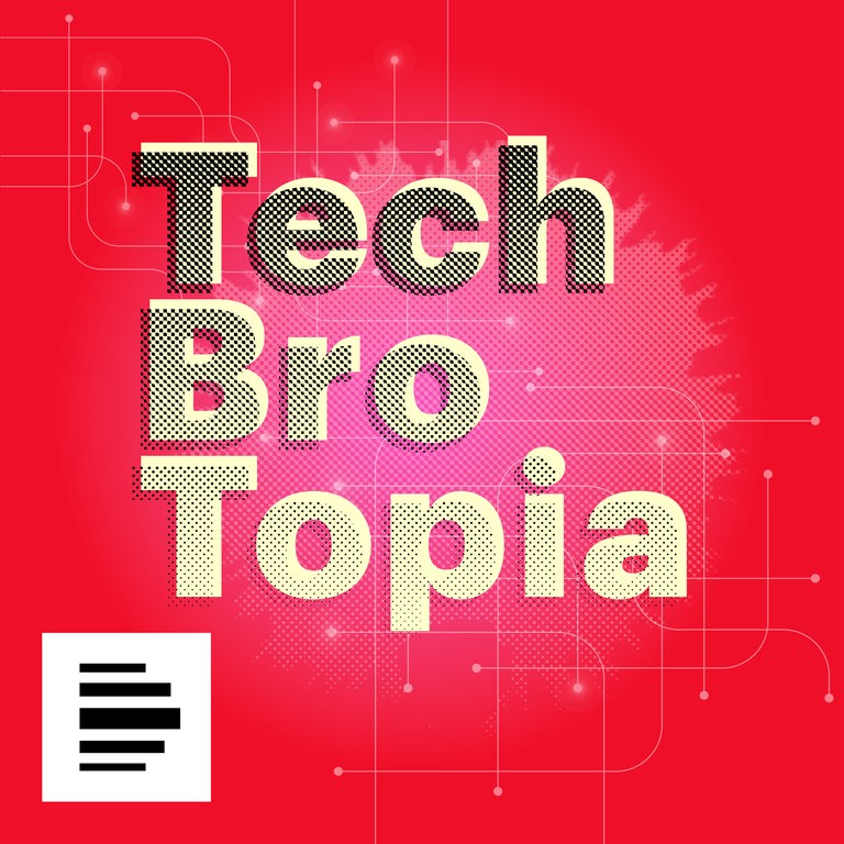 Auf rotem Grund steht das gelbe Wort "Tech Bro Topia", was von einem Raster überzogen ist. 