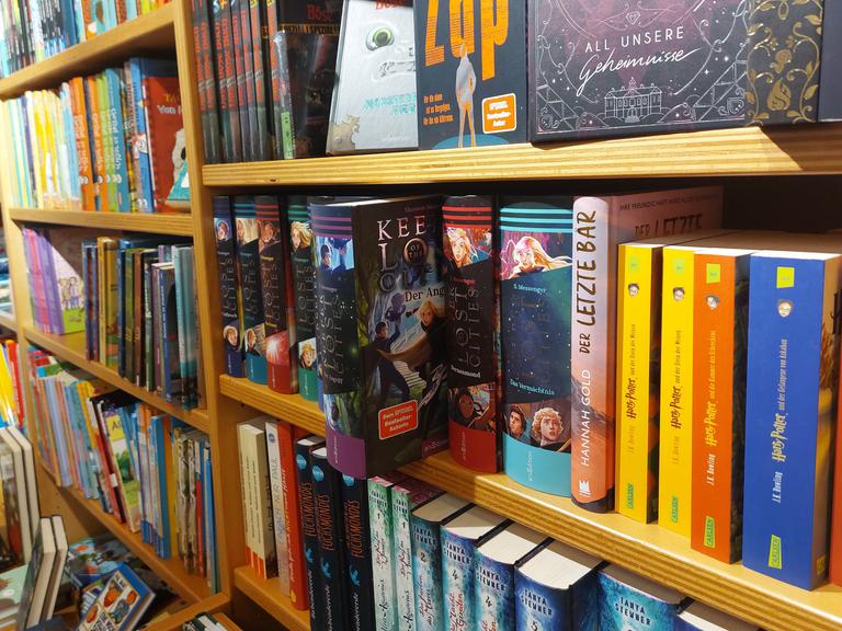 Jugendbücher stehen in einem Bücherregal in einer Buchhandlung