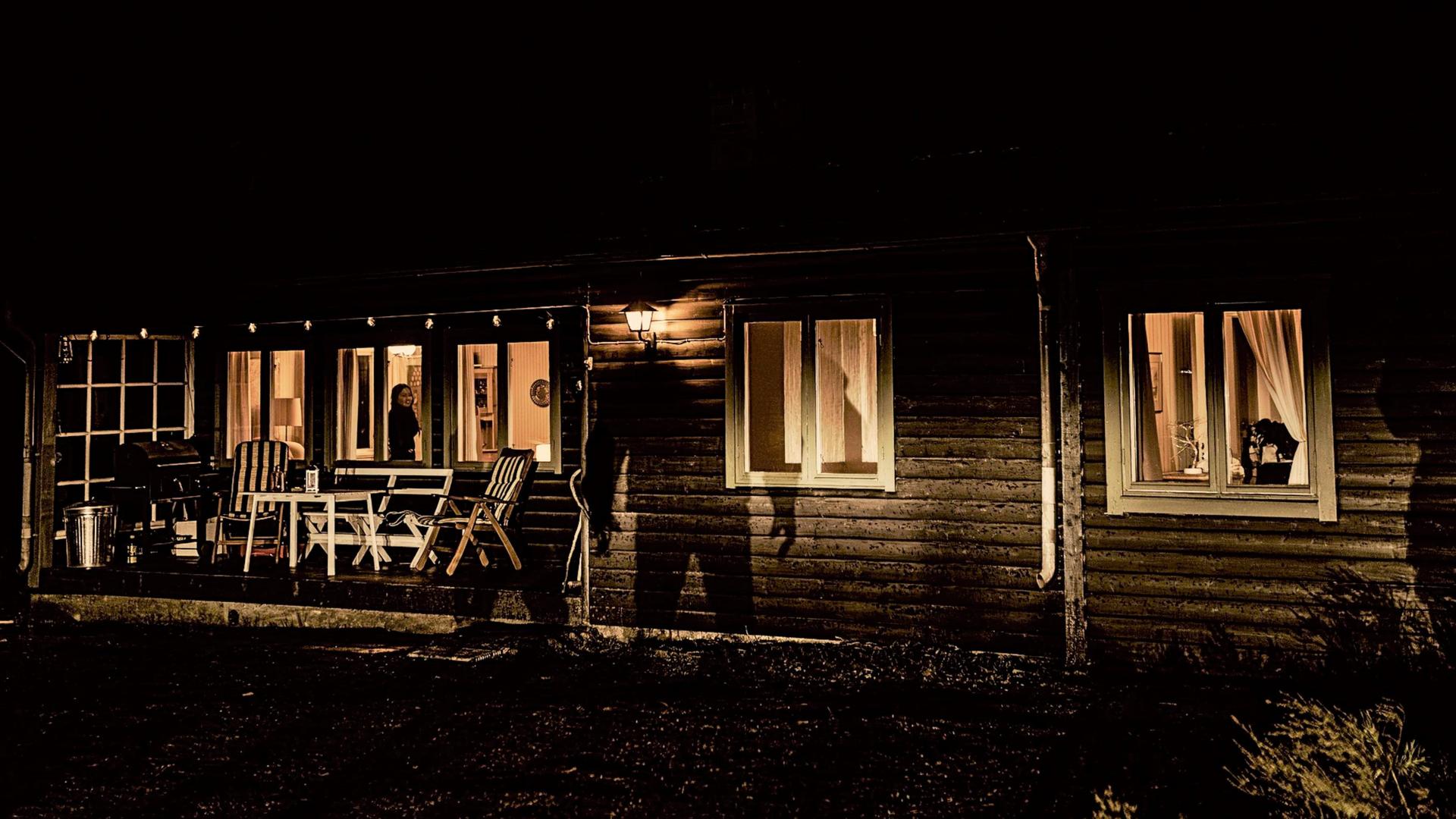 Es ist Nacht, im Holzhaus brennt Licht, auf der Fassade sieht man den großen Schatten eines Mannes. Es ist Nacht, im Holzhaus brennt Licht, auf der Fassade sieht man den großen Schatten eines Mannes.