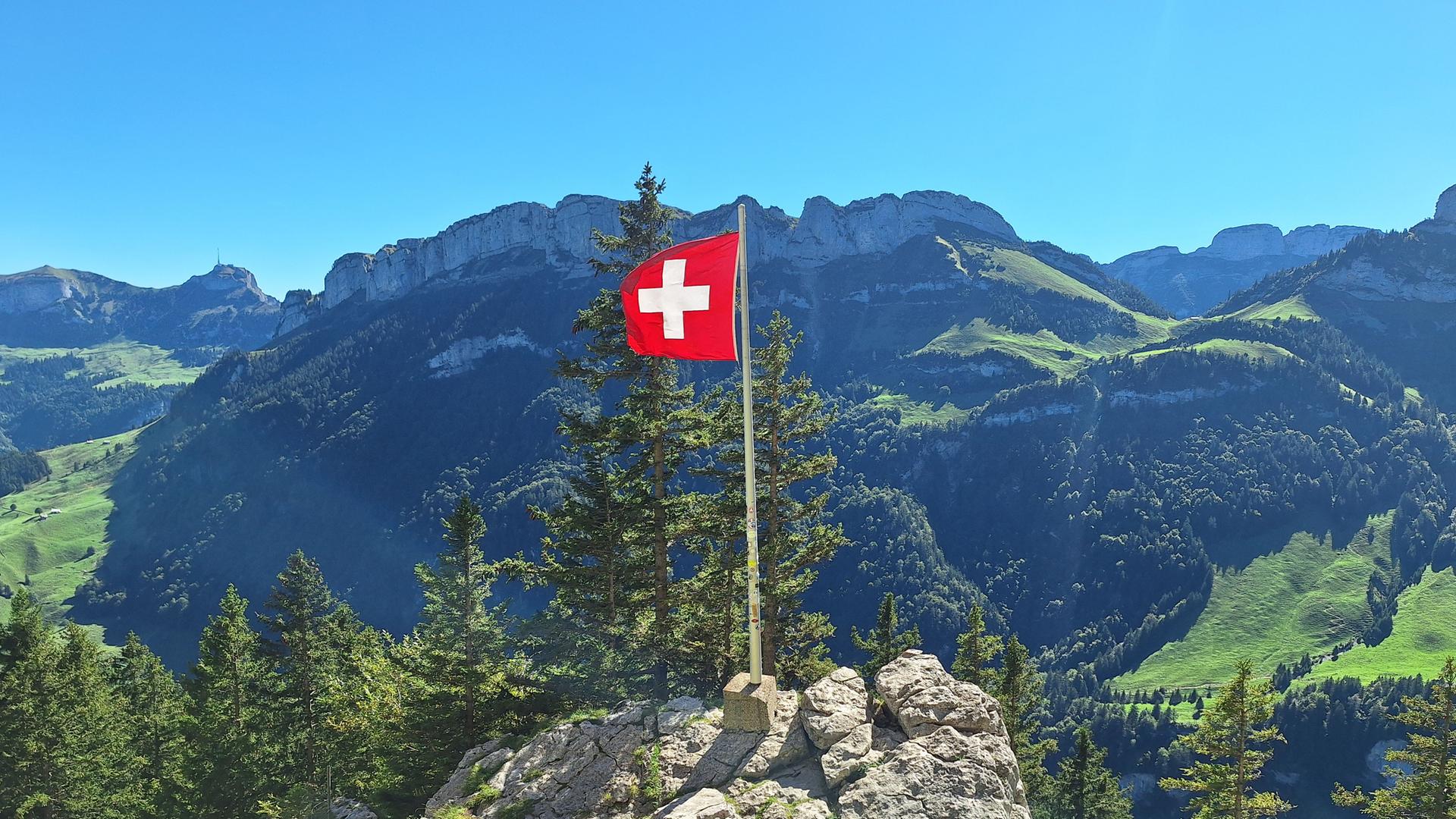 Die Schweizer Flagge vor Alpenpanorama.