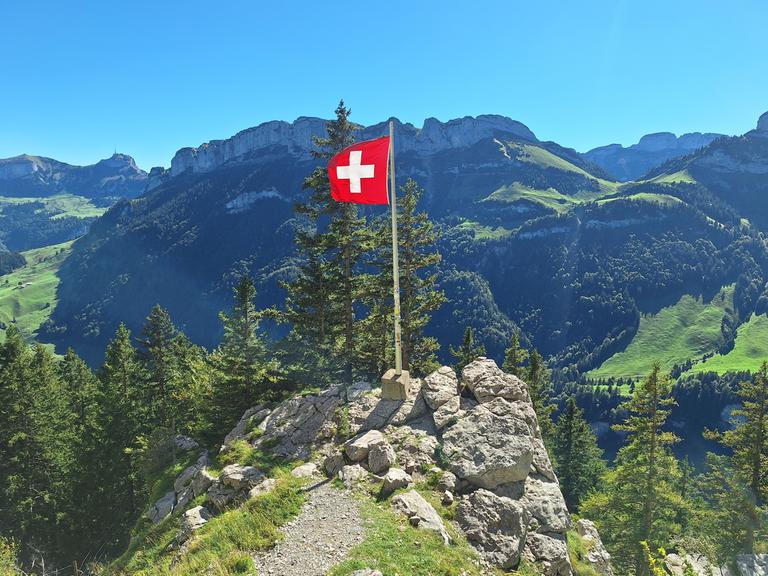 Die Schweizer Flagge vor Alpenpanorama.