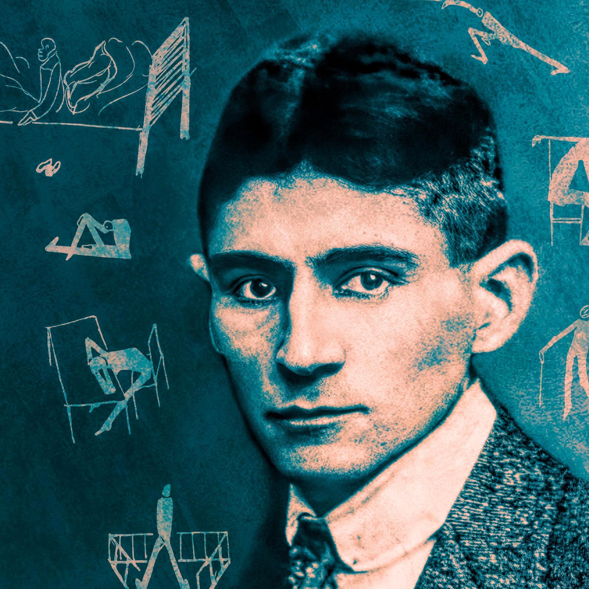 Eine Illustration zeigt ein Porträt des Schriftstellers Franz Kafka sowie ikonische Gegenstände aus seinen Romanen.