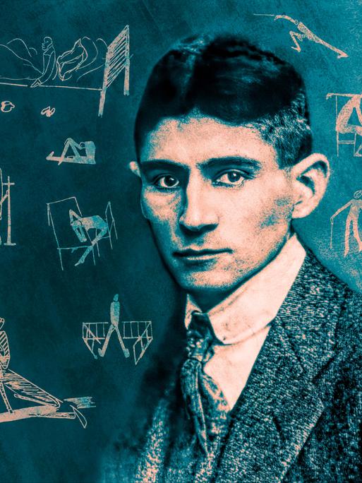 Eine Illustration zeigt ein Porträt des Schriftstellers Franz Kafka sowie ikonische Gegenstände aus seinen Romanen.