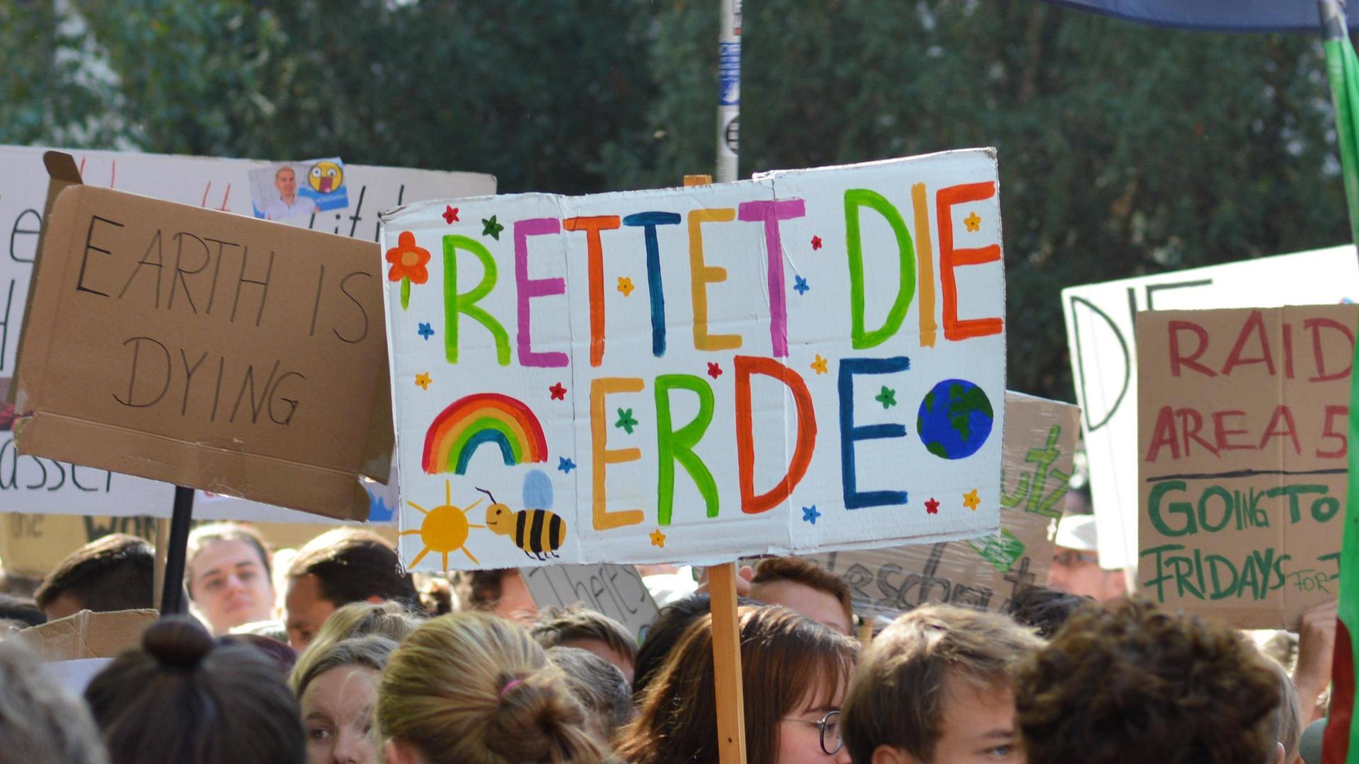 Demonstration während des globalen Klimastreiks mit Papptransparent mit der Aufschrift "Rettet die Erde".