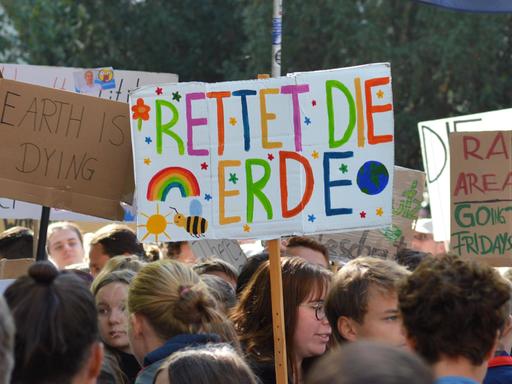 Demonstration während des globalen Klimastreiks mit Papptransparent mit der Aufschrift "Rettet die Erde".