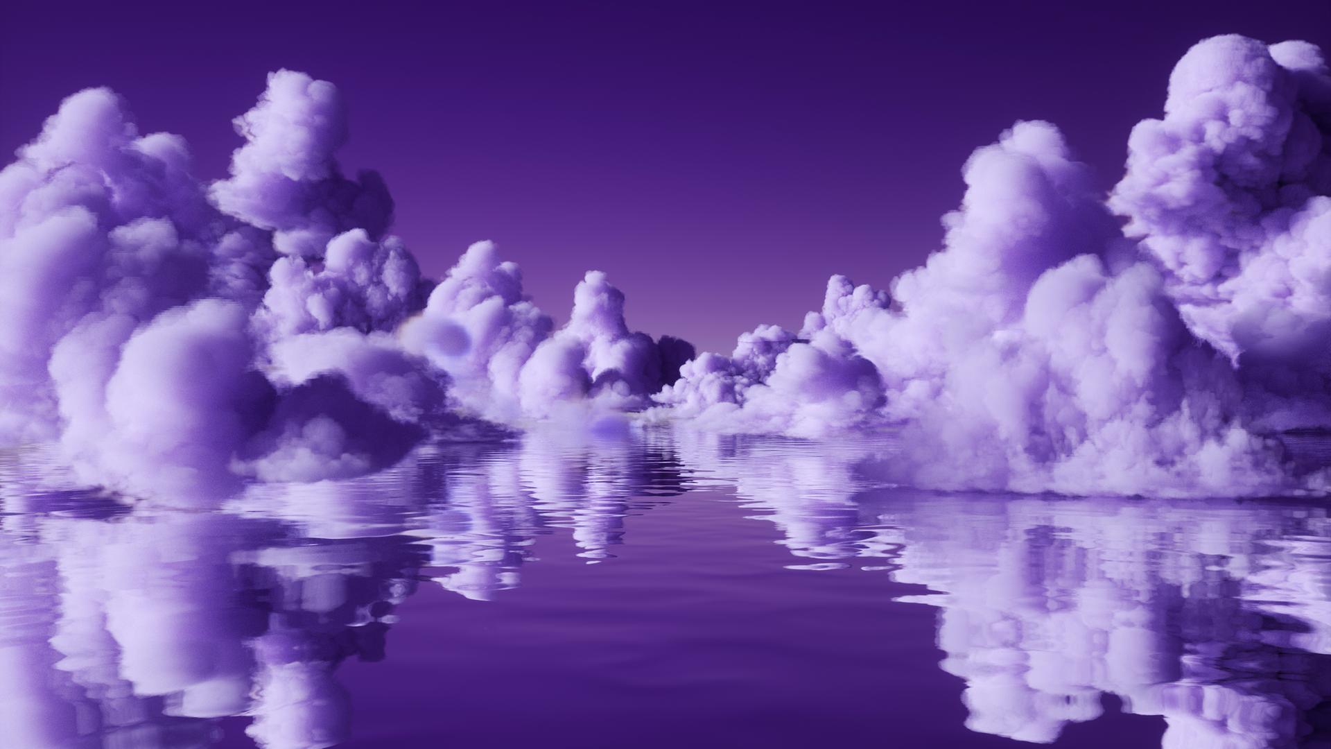 Digital erzeugtes Bild von violetten düsteren Wolken über einer reflektierenden Oberfläche.