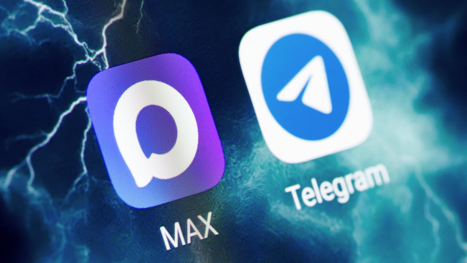 Auf einem Smartphone-Bildschirm sind die Logos der Apps Max und Telegramm zu sehen.