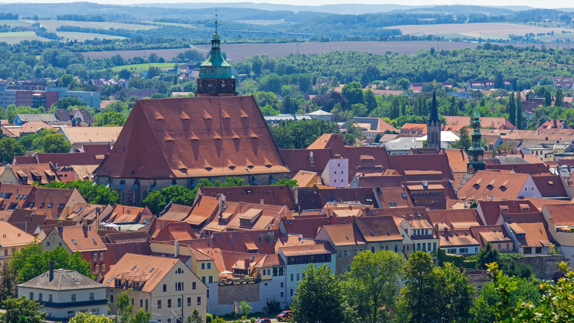 Die Stadt Pirna aus der Ferne fotografiert, mit vielen roten Dächern im Grünen. 