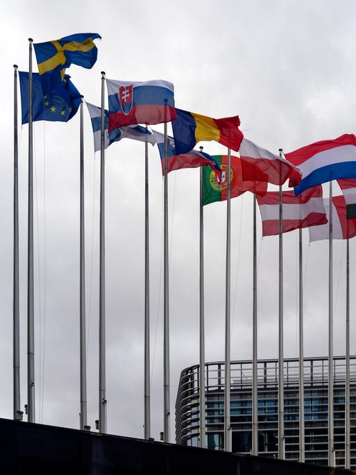 Die Nationalfahnen der Mitglieder des EU-Parlaments in Strassburg. 